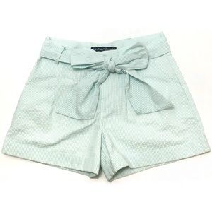 LAUREN JAMES Bow Shorts Seersucker Mint Green White Stripes Pleated Extra Small